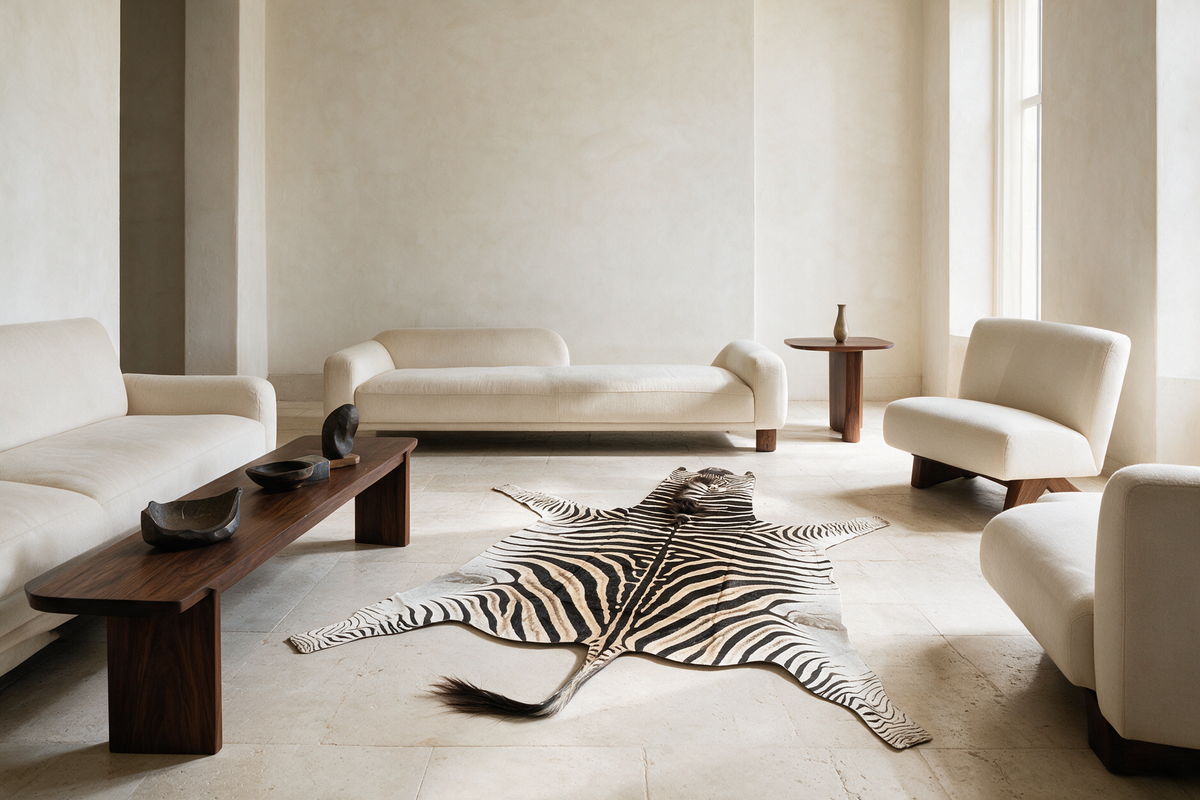 Authentic zebra hide rug styled in a contemporary neutral living room with ivory seating and walnut furniture.