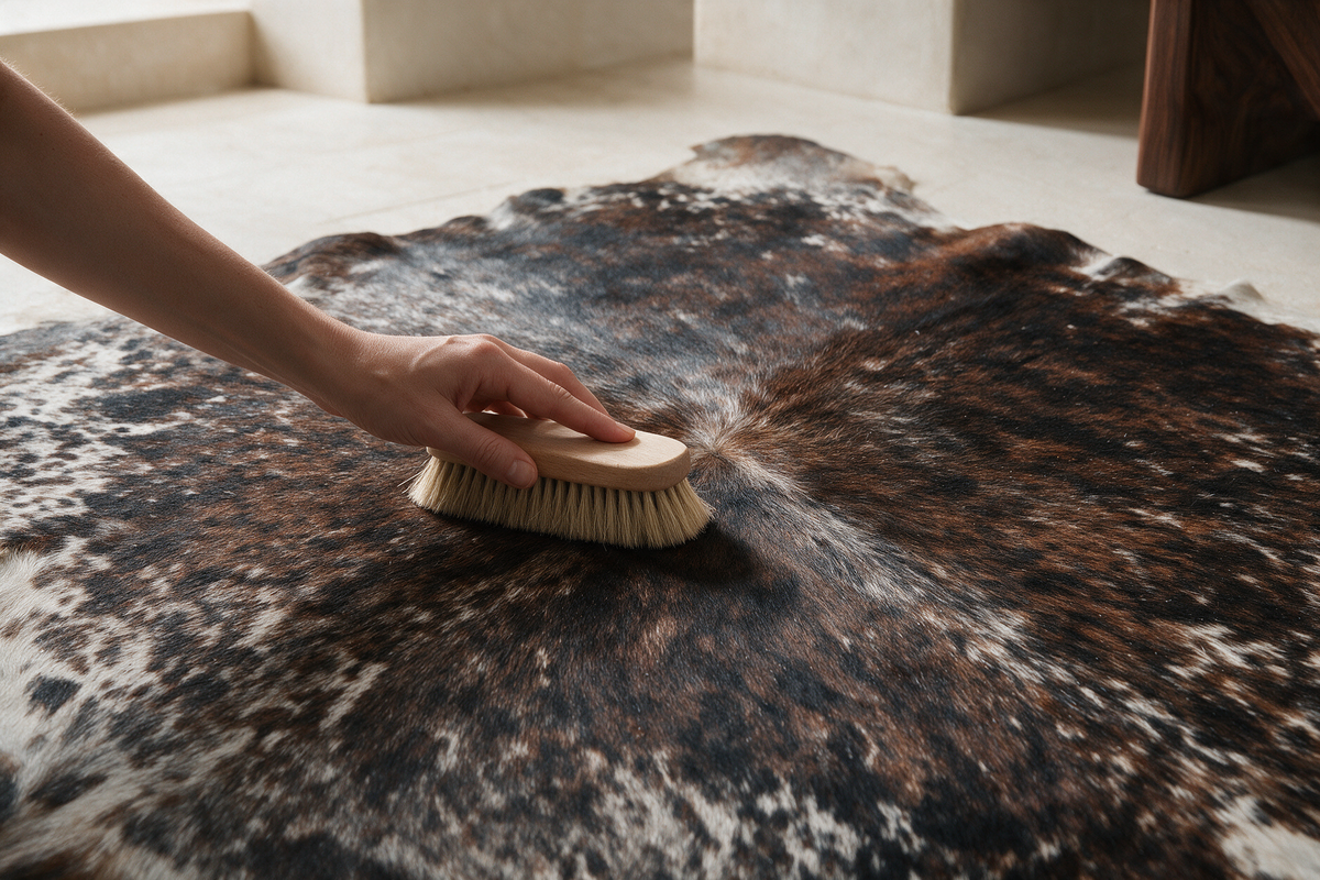 Soft-bristle brush gently cleaning a natural brindle cowhide rug.