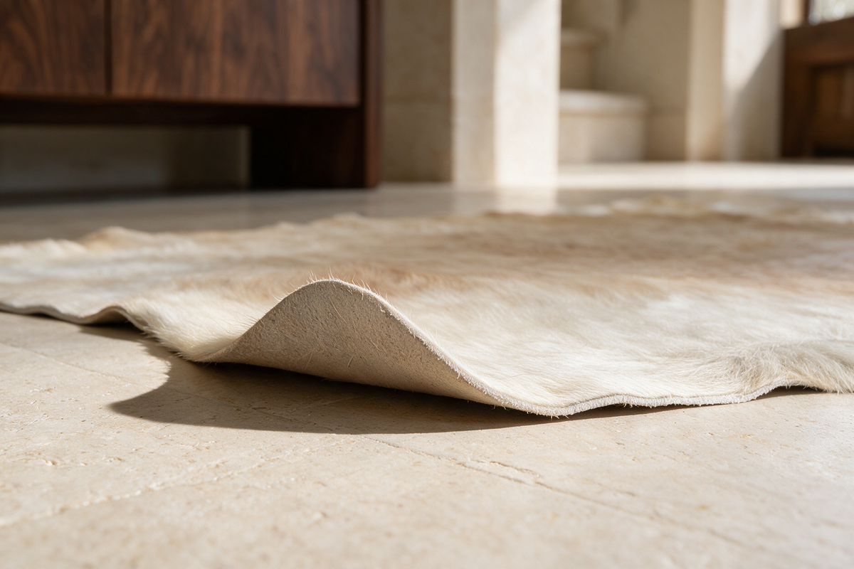Curled edge of a natural cowhide rug showing the leather underside.