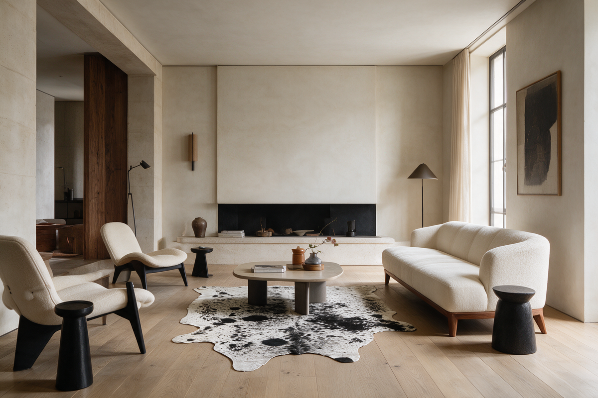 Black and white cowhide rug in a modern neutral living room with warm wood and black accents