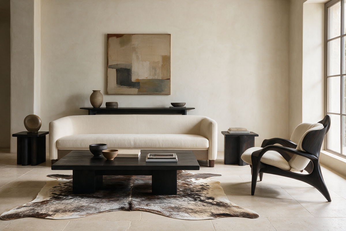 Brindle cowhide rug styled beneath a dark wood coffee table in a contemporary neutral living room.