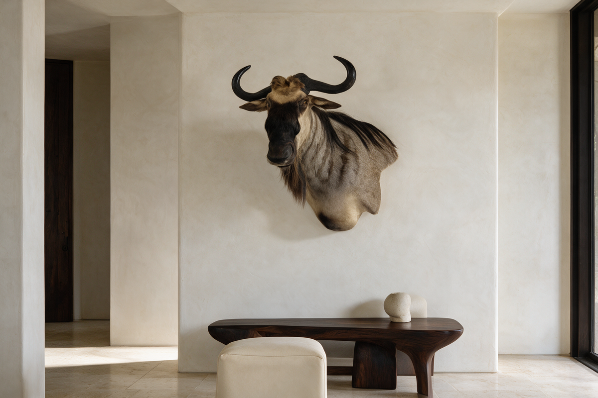 Wildebeest shoulder mount displayed in a contemporary neutral interior with warm plaster walls and walnut furniture.