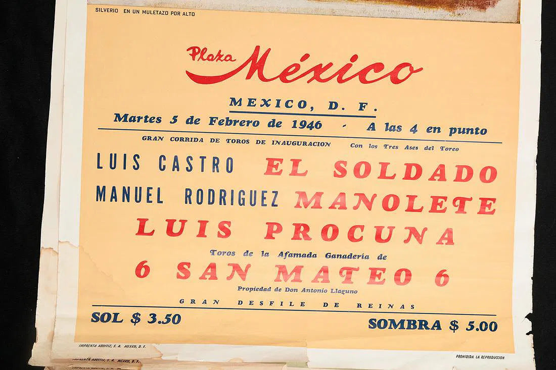 Plaza México poster naming Manolete, Luis Castro, and Luis Procuna, with February 5, 1946 date, creases, tears, and worn edges.