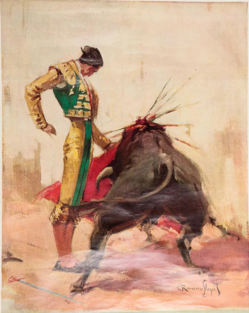 Close-up of a matador in green and gold beside a dark bull on the vintage Linares poster, showing aged paper and creases.