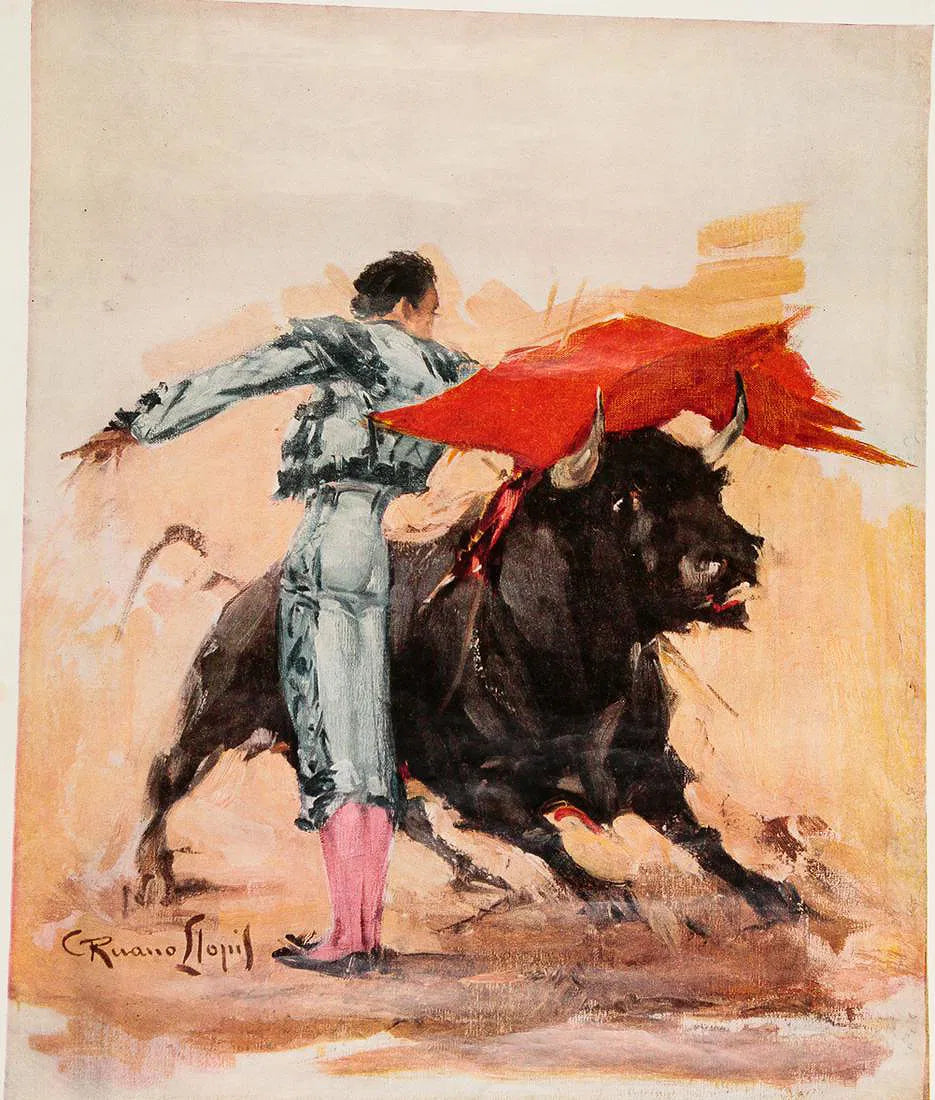 Close-up of a blue-gray matador, vivid red cape, and dark bull on the vintage Plaza México poster, showing aged paper texture.