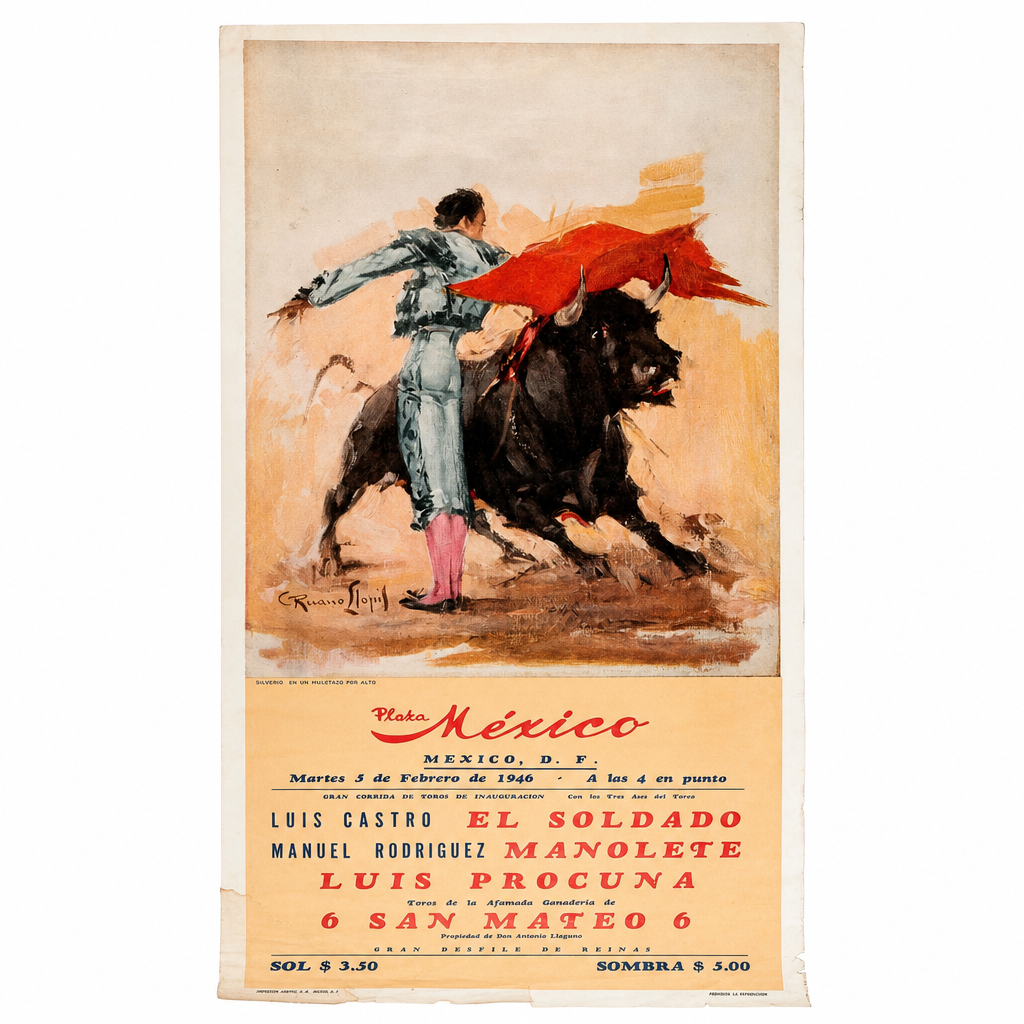 Vintage Plaza México bullfighting poster advertising a February 1946 event featuring Manolete, with a red cape and golden text panel.