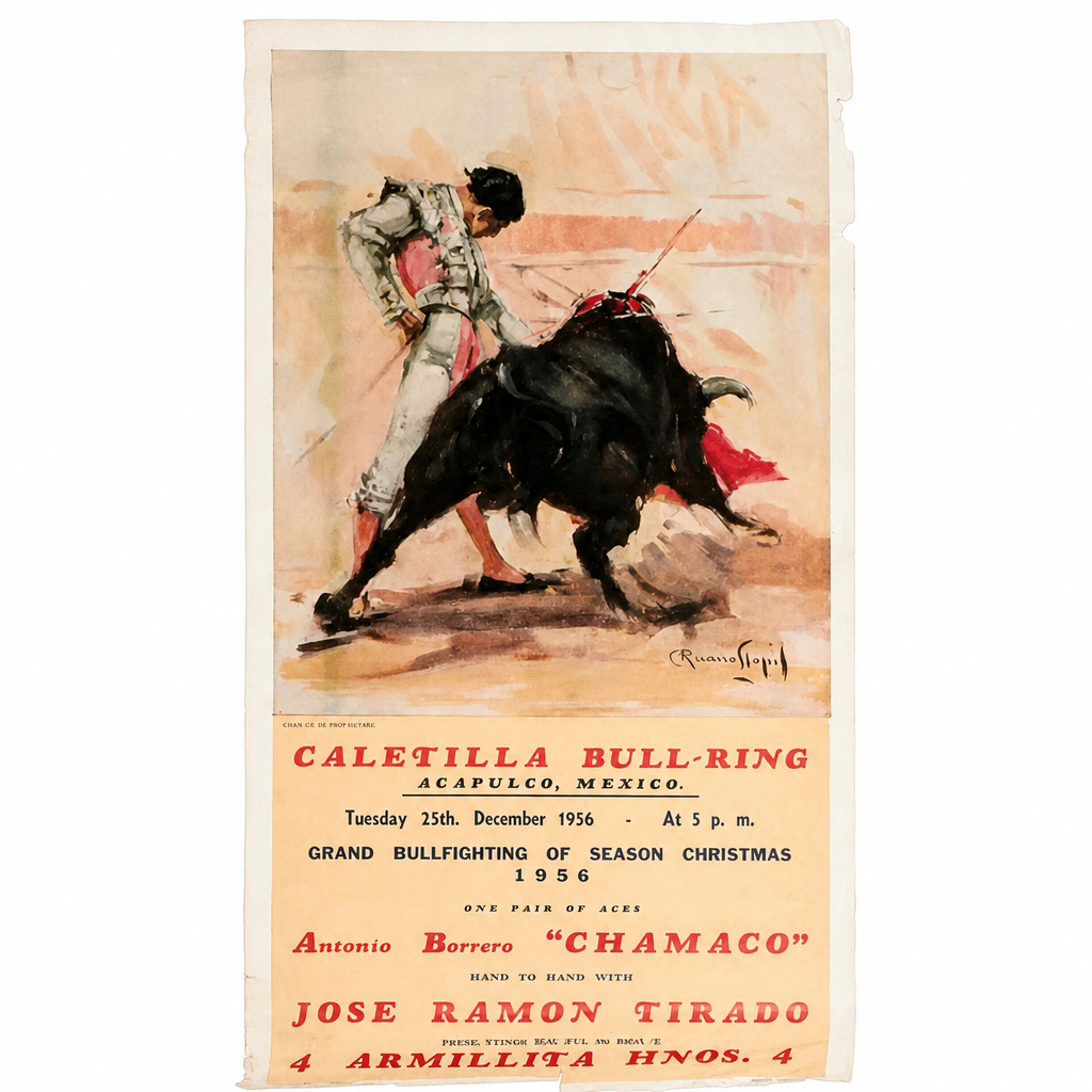 Vintage Caletilla Bull-Ring poster advertising a 1956 Acapulco bullfight, with matador artwork, red lettering, and worn paper edges.