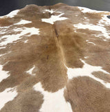 Close-up of a brown and white cowhide rug