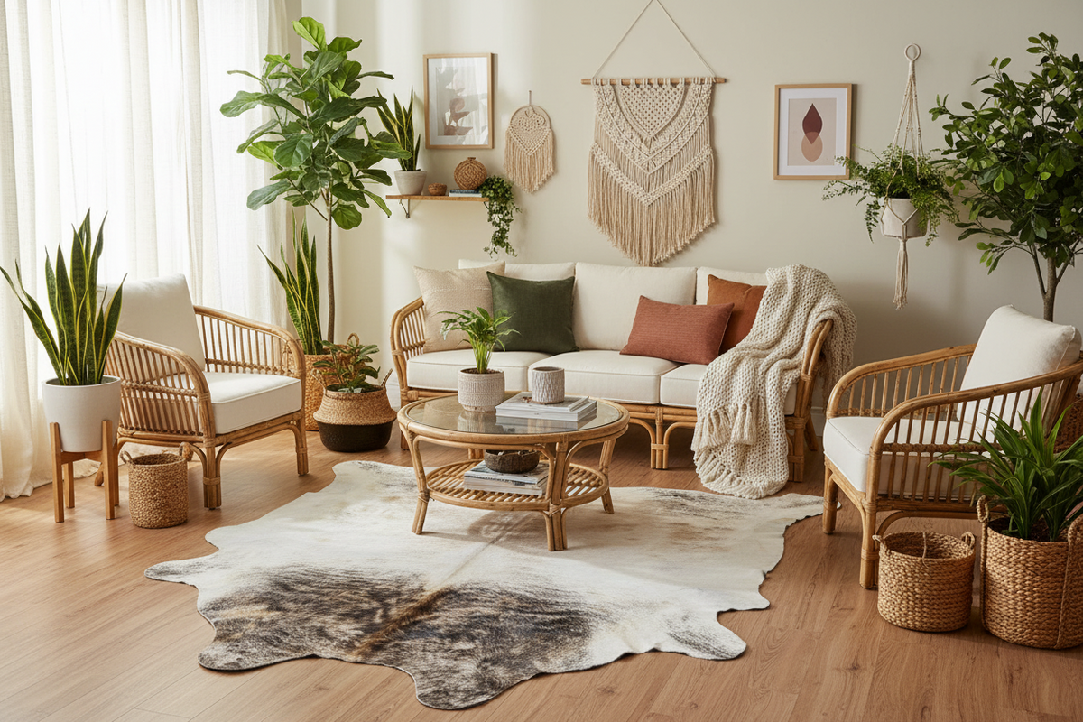 brindle cowhide rug staged in a living room