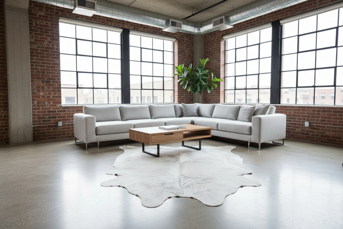 gray brindle cowhide rug in a loft living room