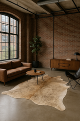 Modern living room with brown leather sofa, round wooden coffee table, and cowhide rug on concrete floor.