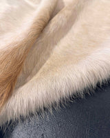Close-up of beige cowhide fur texture on a dark background