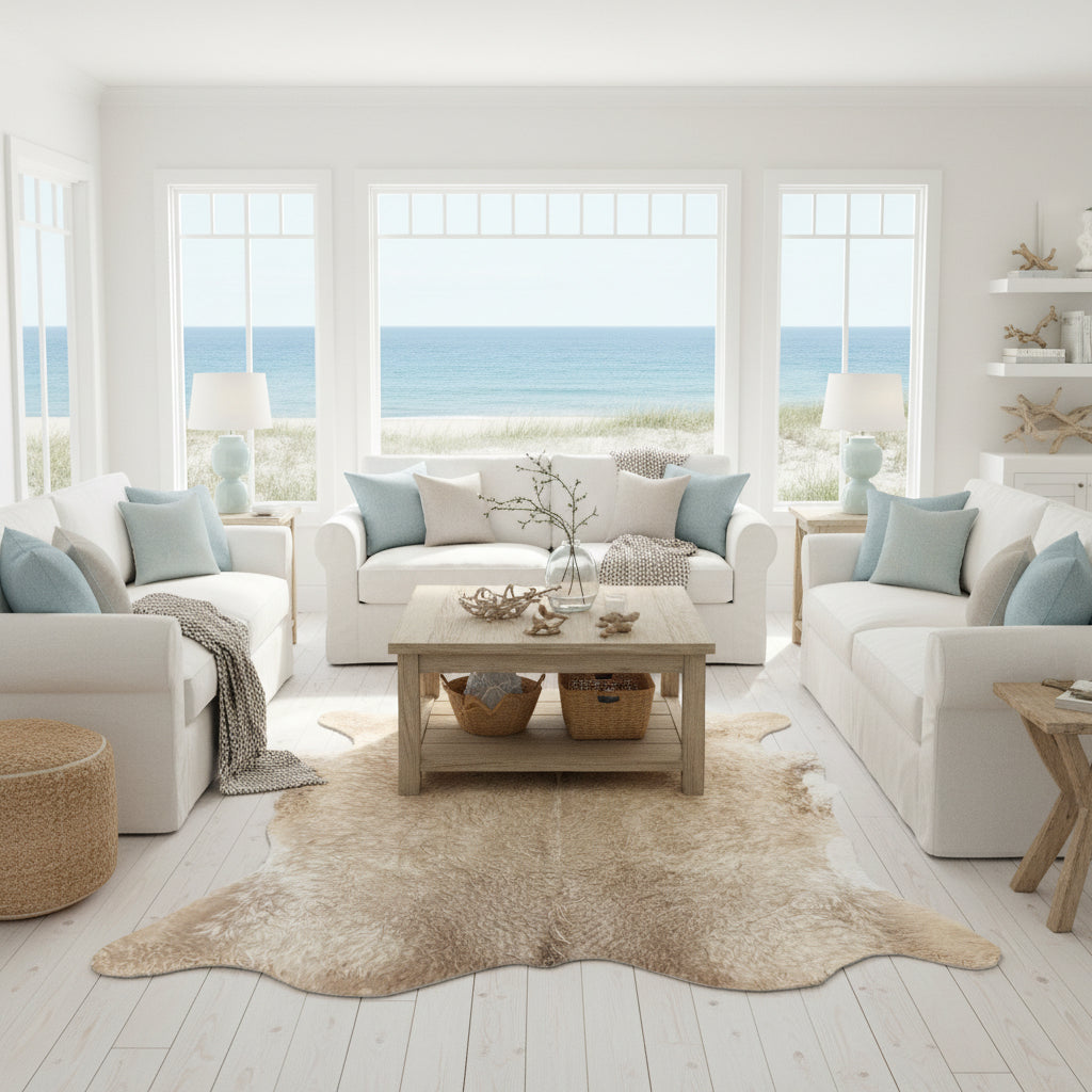 staged brown cowhide rug beach home