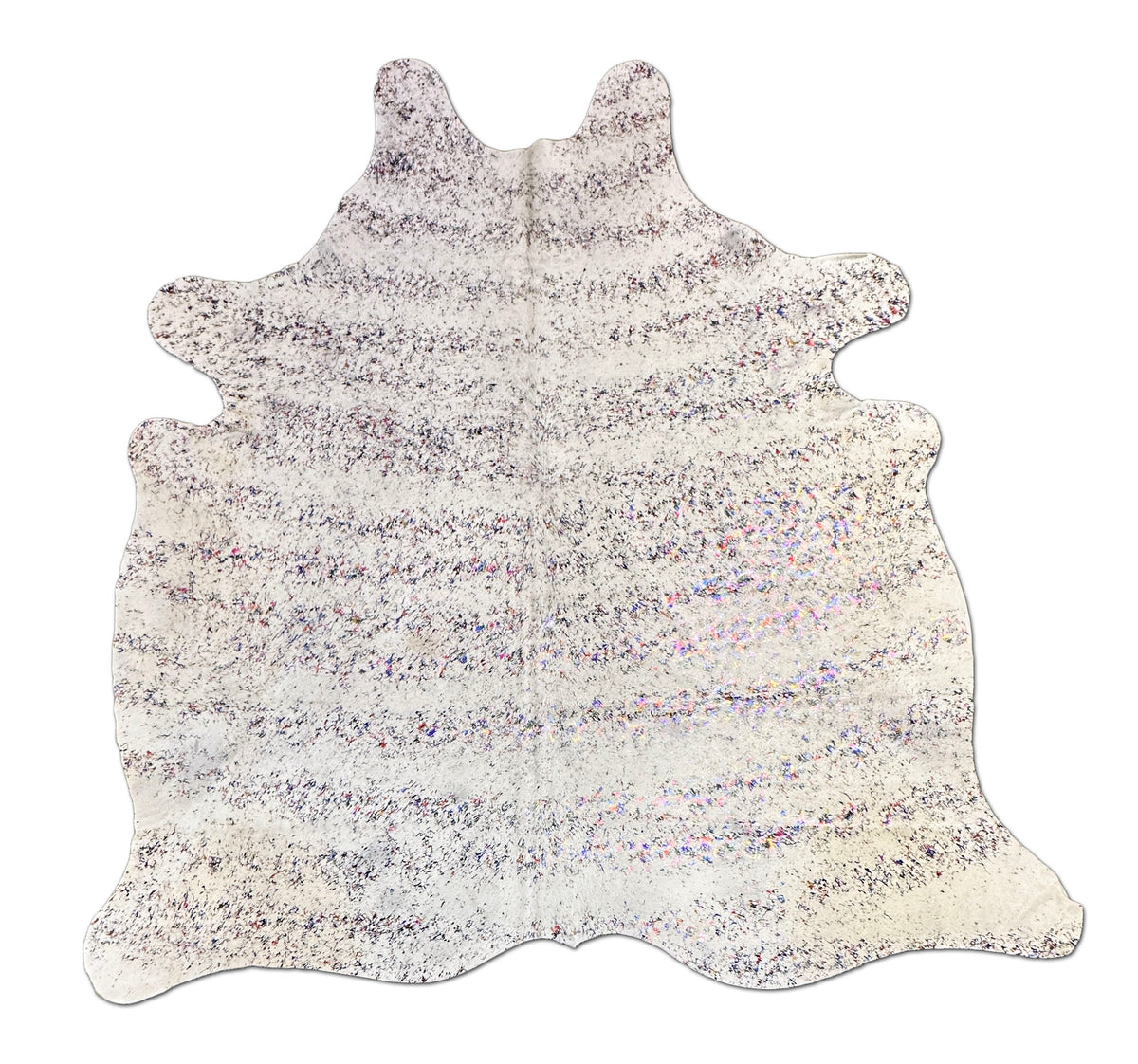 Cowhide rug with a glittery texture on a white background