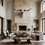 texas longhorn shoulder mount in grand living room