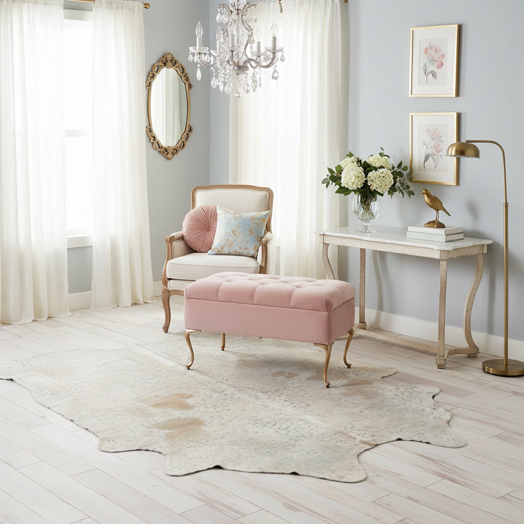 sitting area with blue cowhide rug