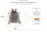 A size comparison graphic for a Furug collection cowhide rug, showing a black-and-white zebra-pattern hide with labeled dimensions of 72 inches by 64 inches, alongside a human silhouette and a small inset of the rug on a person for scale.