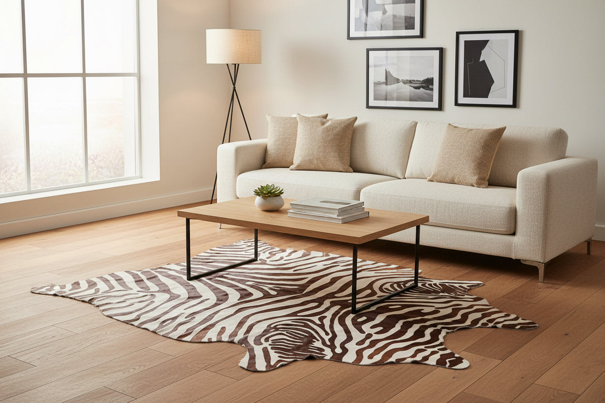 stenciled zebra cowhide rug in living room