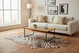 stenciled zebra cowhide rug in living room