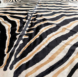 Close-up of cowhide rug with zebra stripe pattern in black, white, and beige.