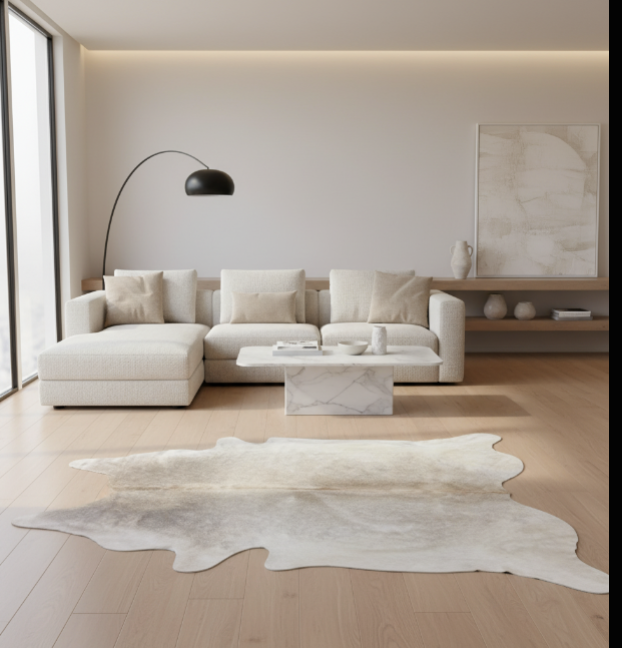 gray cowhide rug in living room
