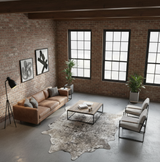 gray black cowhide rug in loft unit