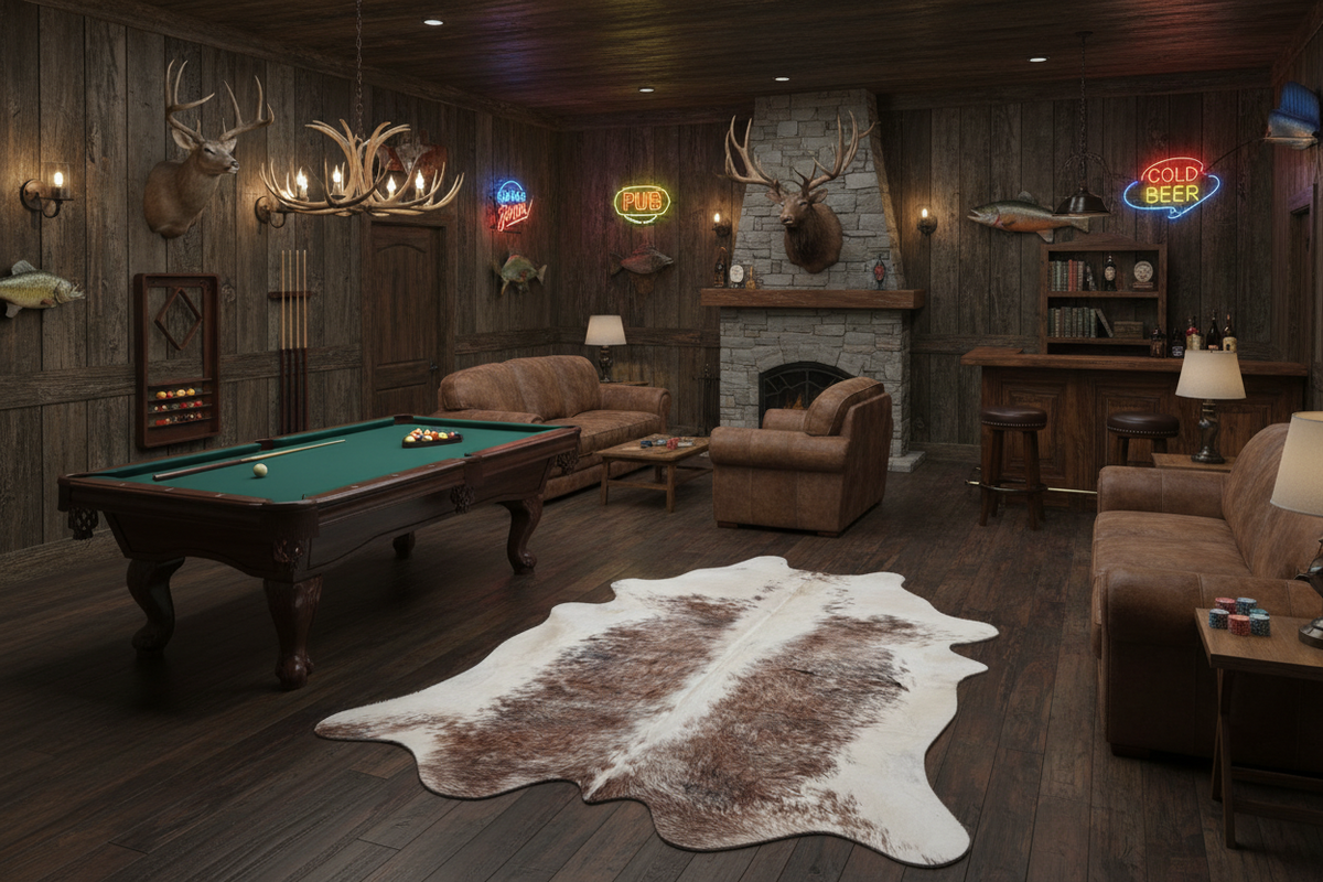 tri-color cowhide rug in a man cave