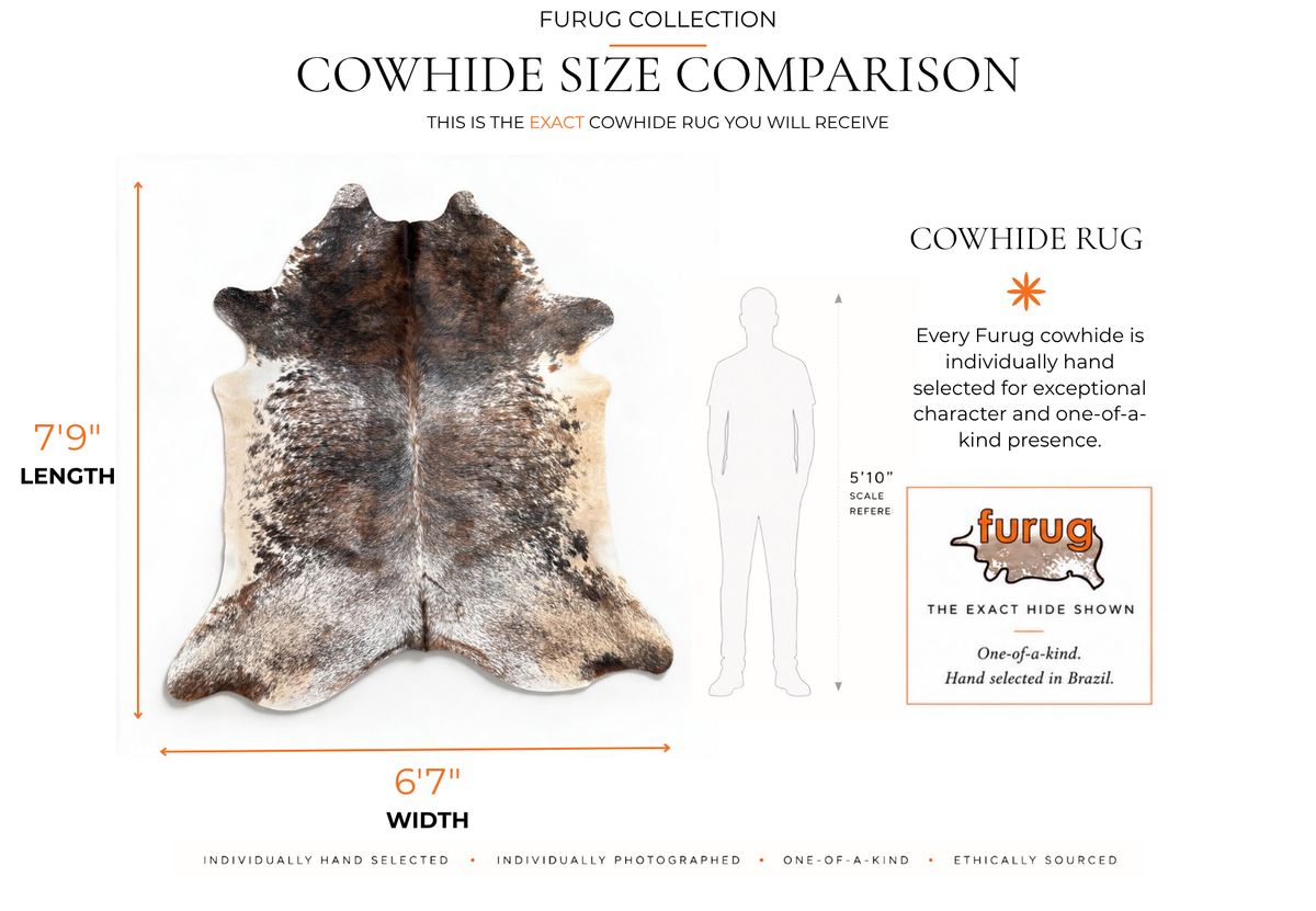 A size comparison graphic for a furug collection cowhide rug. It shows a real cowhide rug on a white background with dimension lines indicating 7'9" length and 6'7" width, alongside a human silhouette and a smaller inset photo of the furug logo and product.