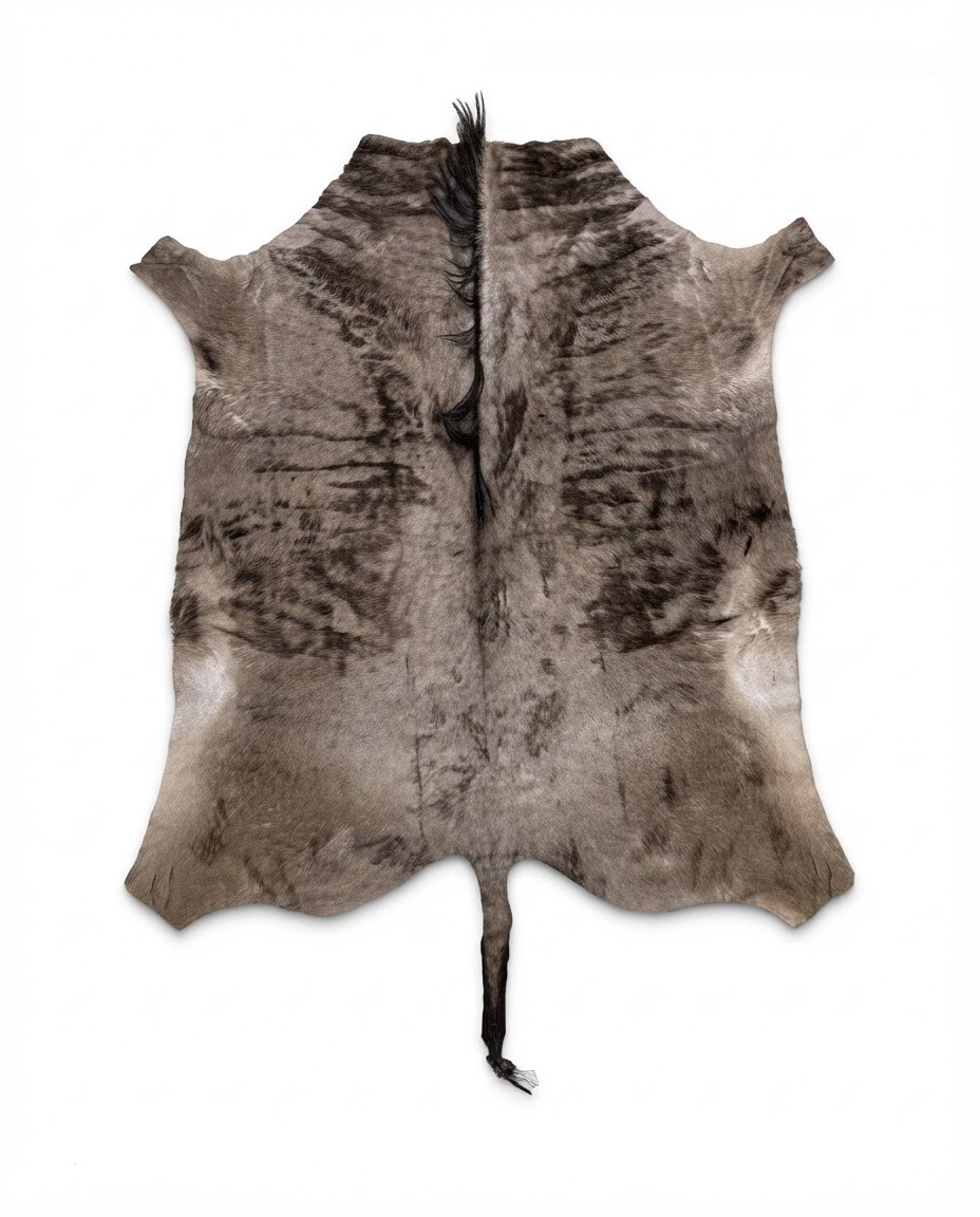 Authentic African blue wildebeest hide with natural gray-brown fur, dark striping and black mane