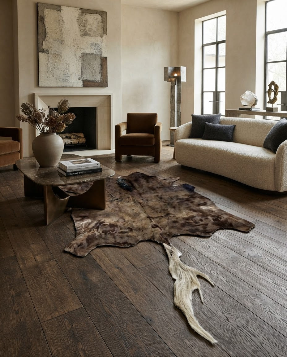 Black wildebeest hide rug styled in a luxury contemporary living room