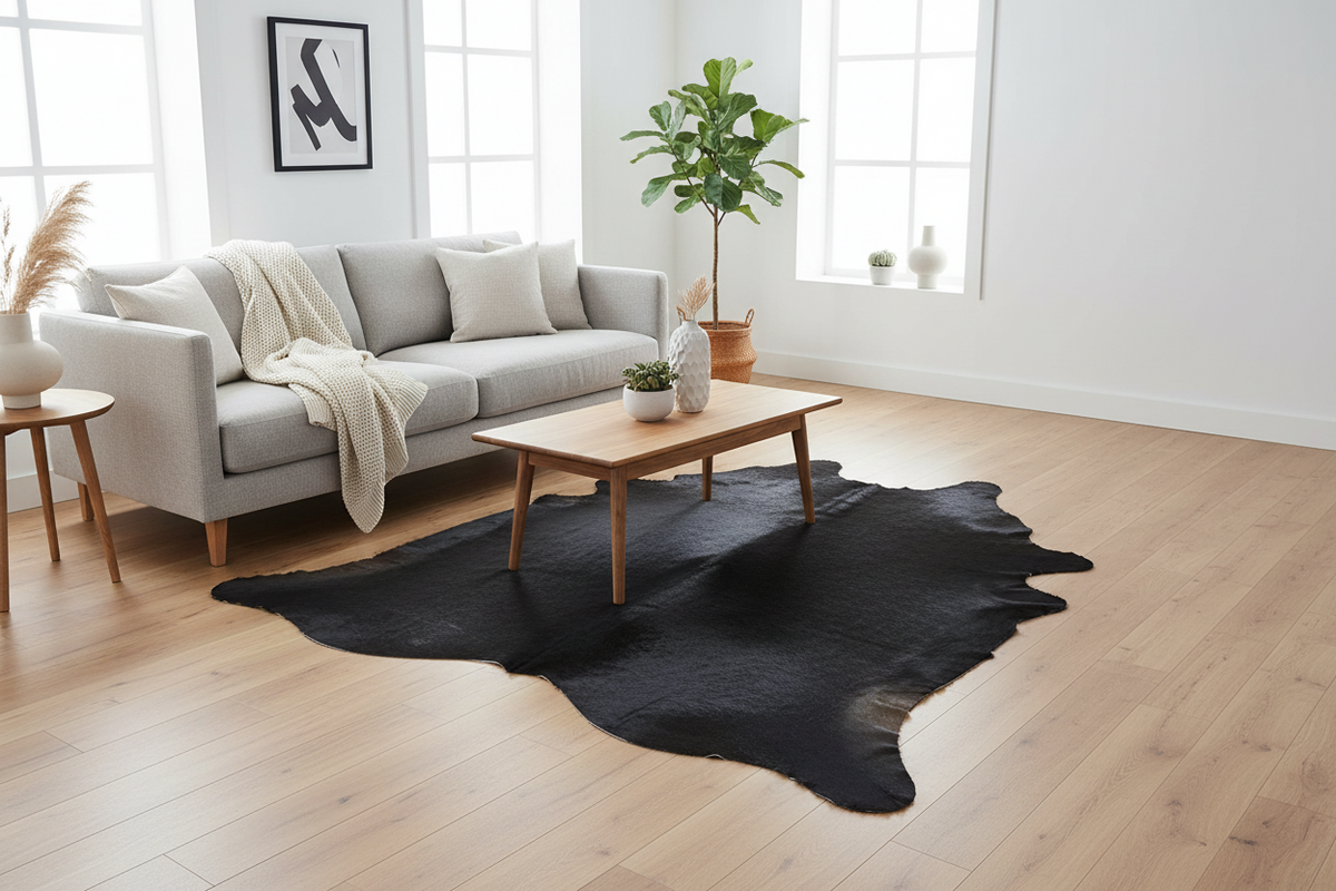 A black cowhide rug staged in a living room