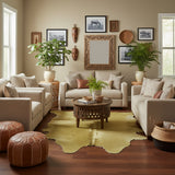 green cowhide rug in bohemian living room