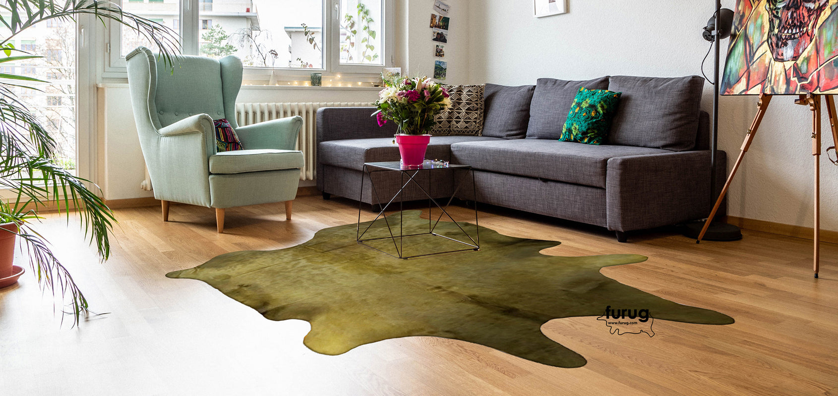 green cowhide rug