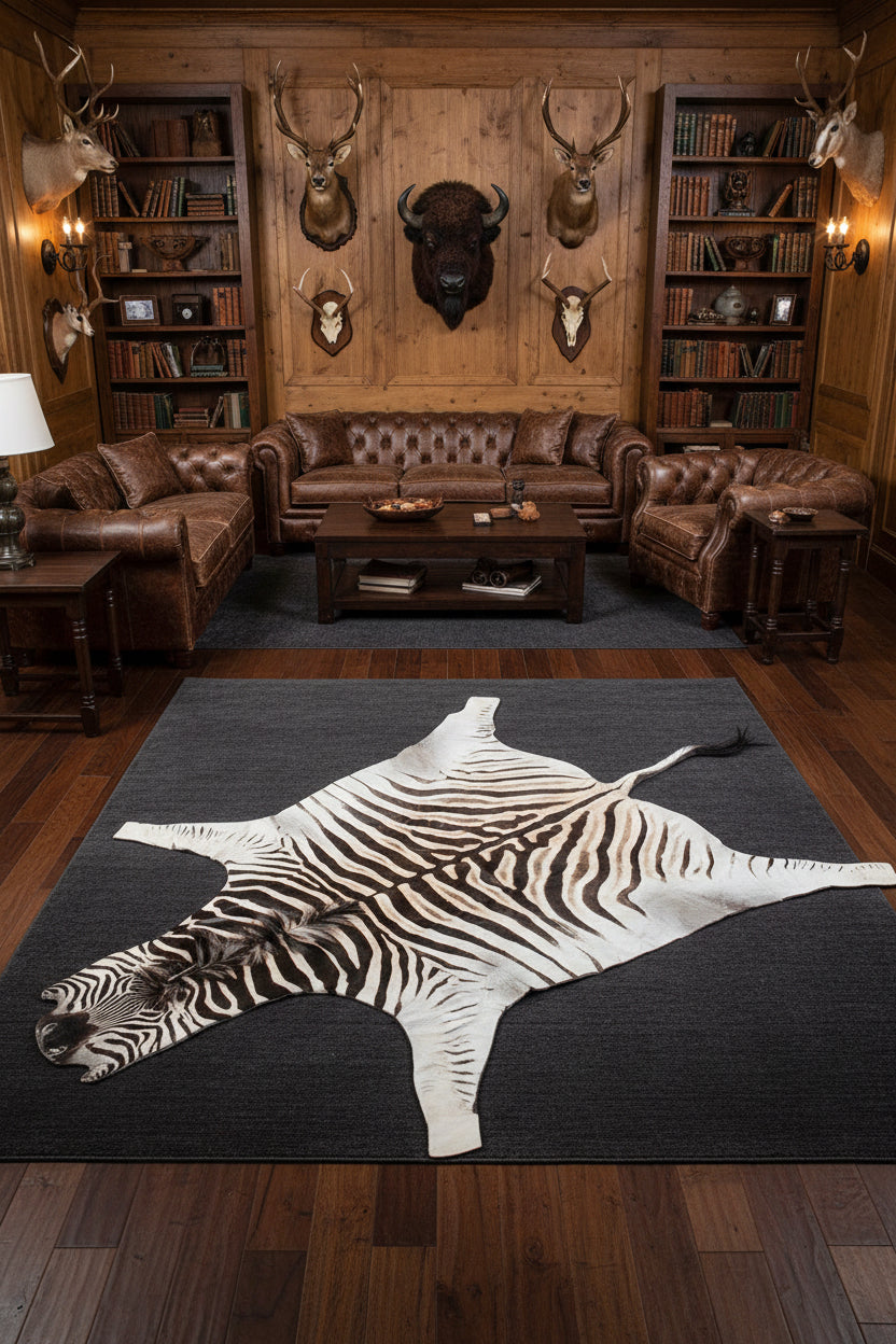authentic zebra rug in game room