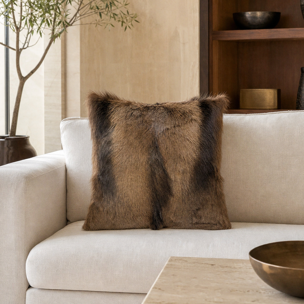 Natural black springbok hide pillow styled on an ivory sofa in a contemporary luxury living room