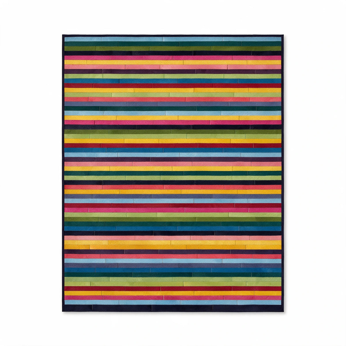Chromata custom stitched cowhide rug visualization with 2-inch horizontal multicolor stripes and a solid deep navy border.