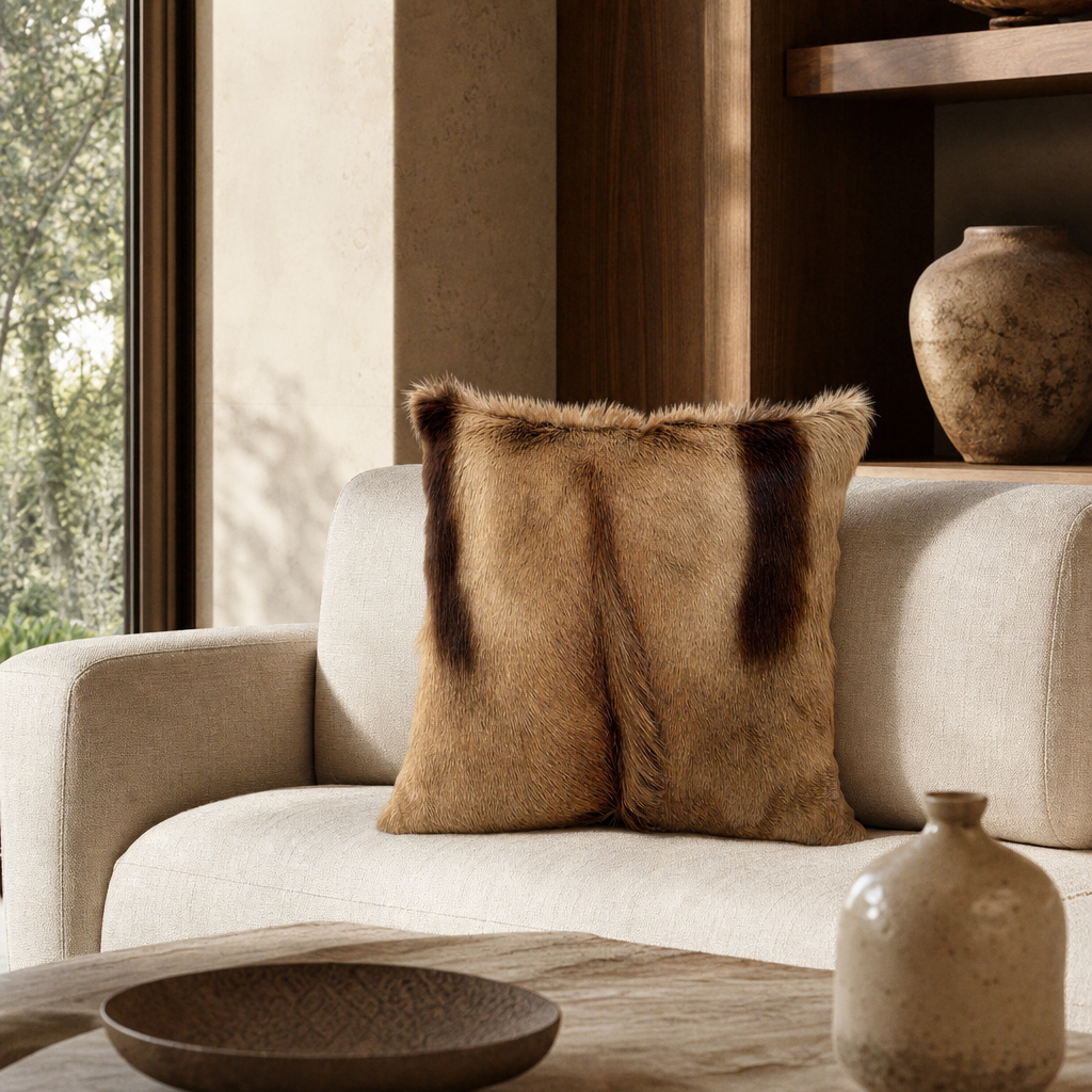 Copper springbok hide pillow with natural chocolate markings styled on an ivory sofa in a contemporary living room with walnut and stone accents.