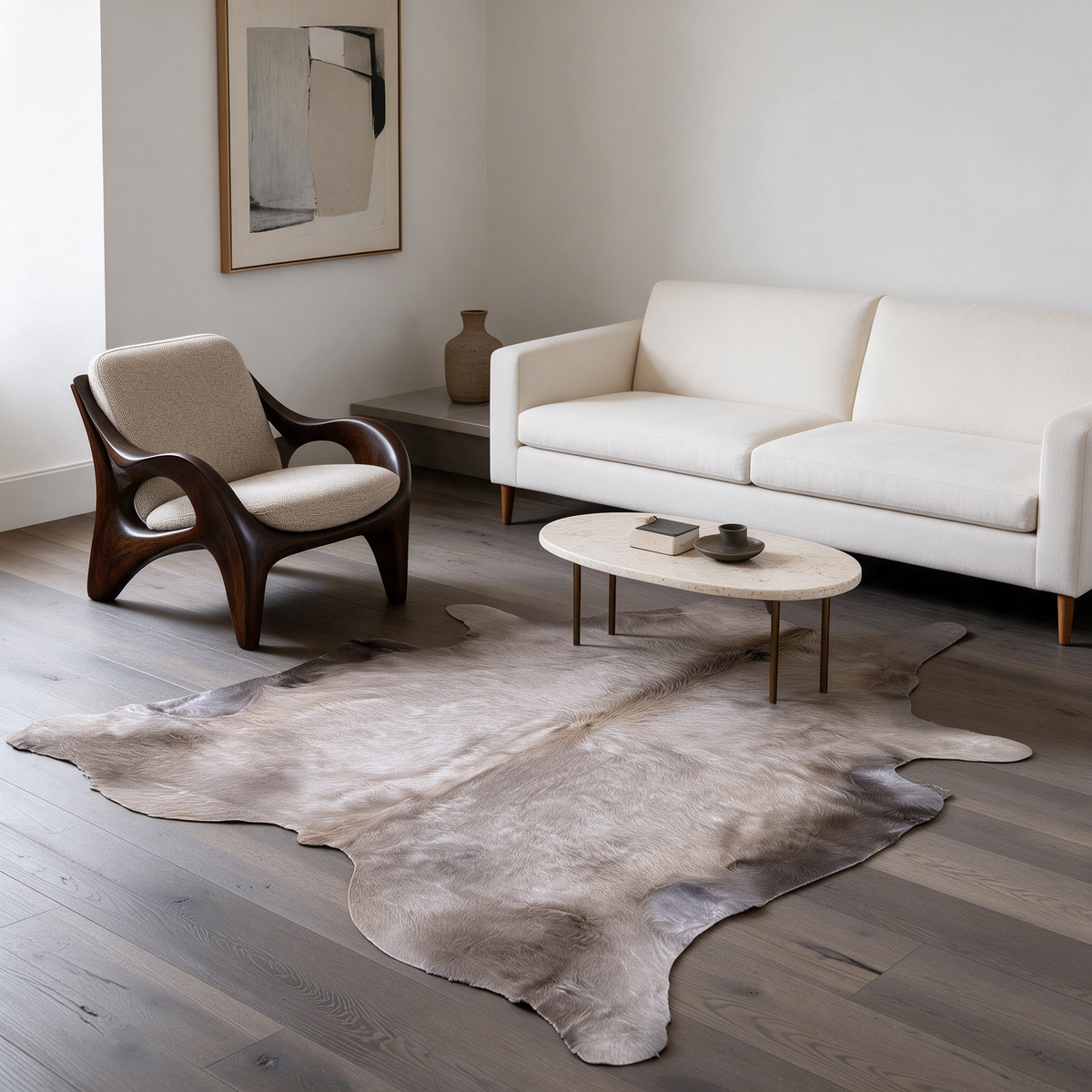 Dusty lilac cowhide rug in a contemporary living room with an ivory sofa, dark wood chair, and oval stone coffee table