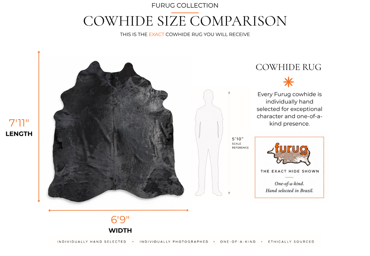 A size comparison graphic for a furug collection cowhide rug, showing a black cowhide rug with dimensions labeled 7'11" in length and 6'9" in width, alongside a human silhouette and a small furug logo on a white background.