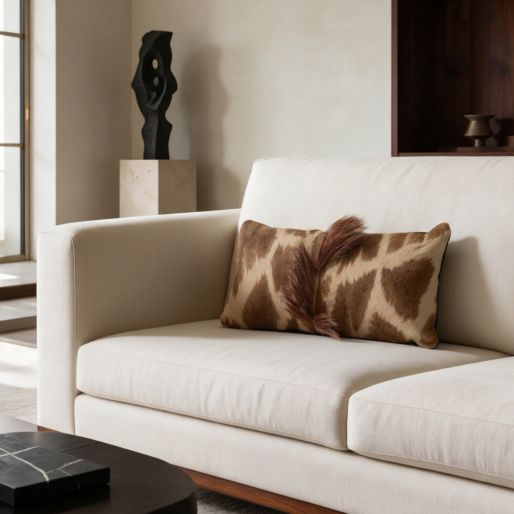 Genuine giraffe hide lumbar pillow with mane styled on an ivory sofa