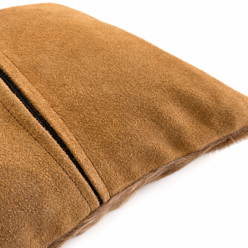 Genuine cognac suede backing and zipper detail on African impala hide pillow