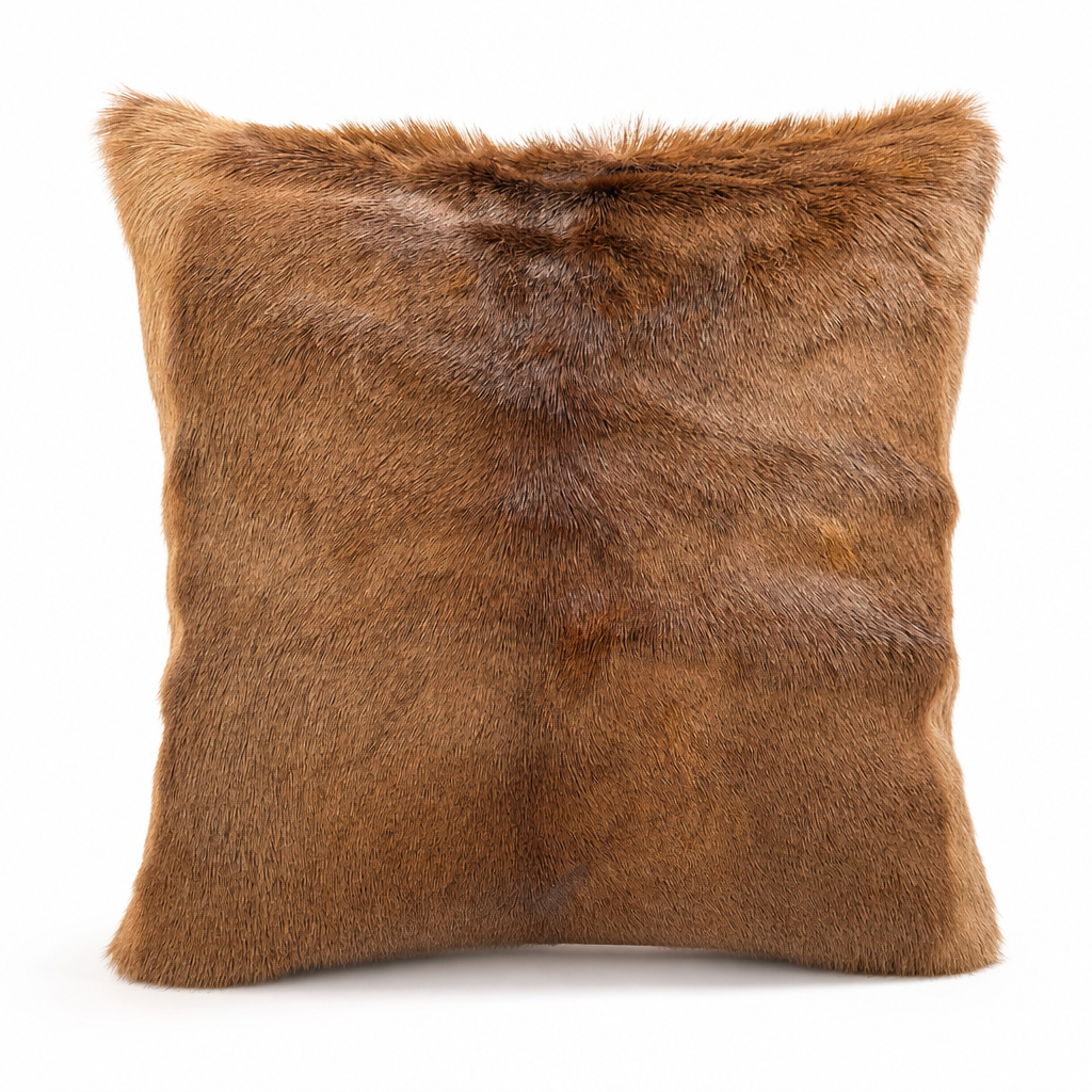 African impala hide pillow in natural caramel and reddish brown, 17 x 17 inches