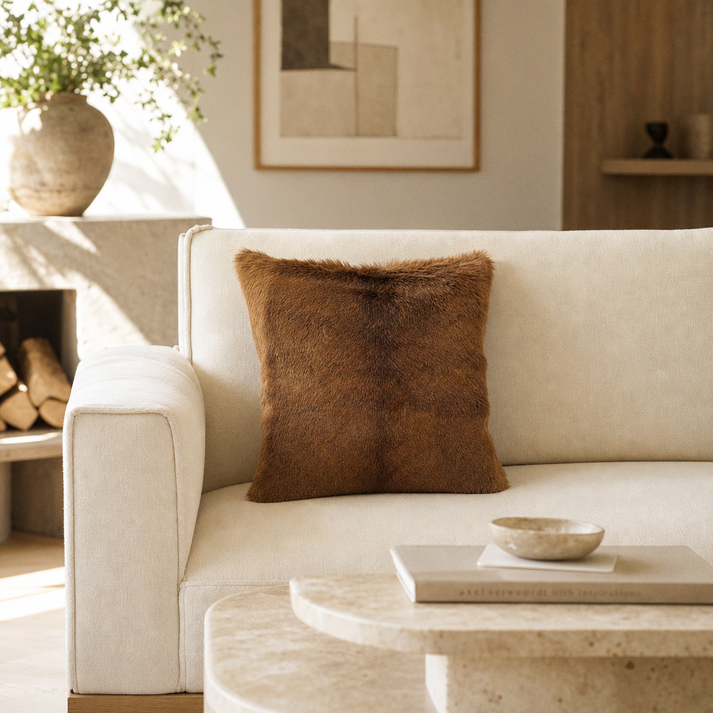 African impala hide pillow styled on an ivory sofa in a contemporary luxury living room
