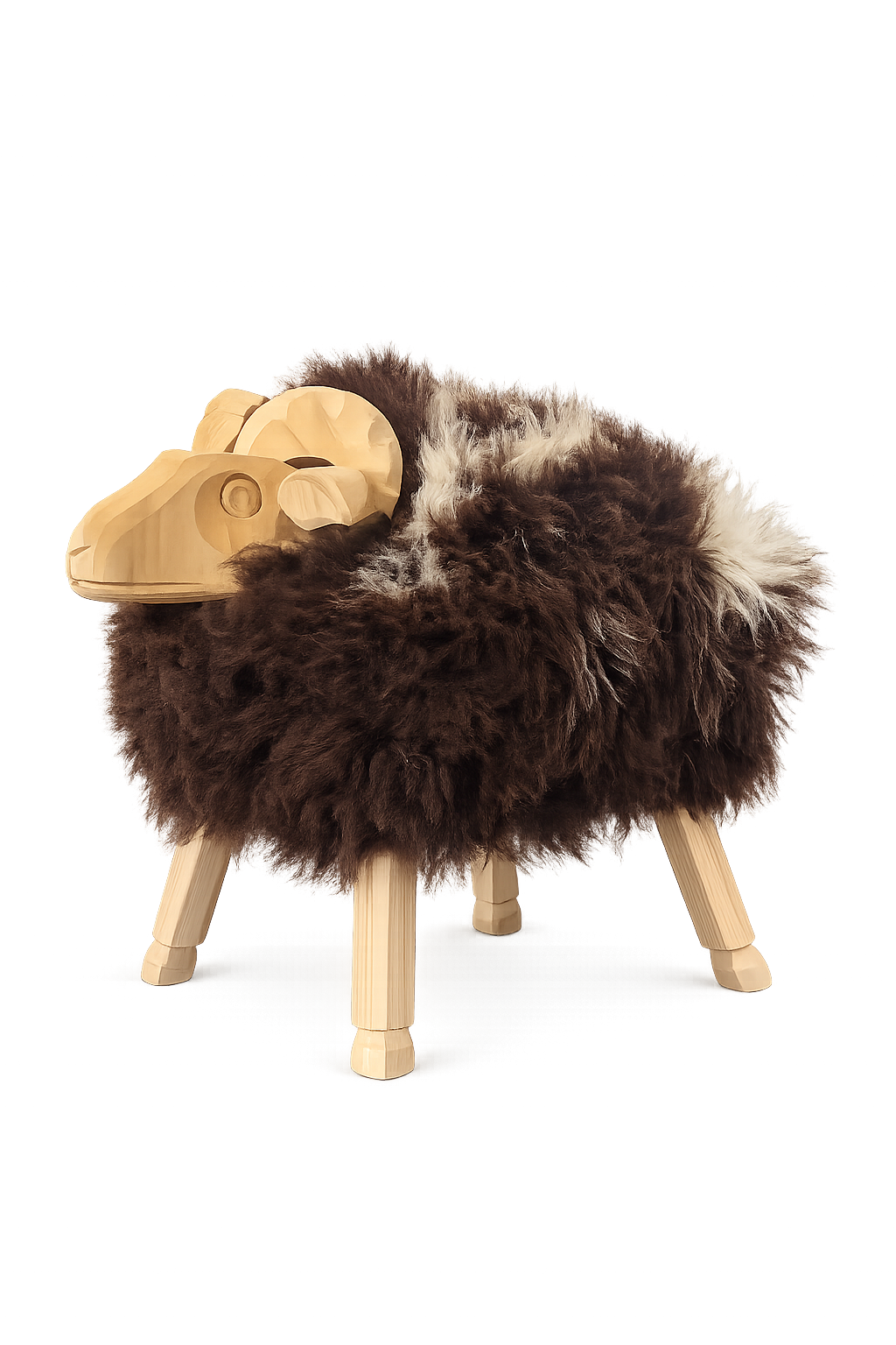 A sheep art with a dark brown and cream fur body and light natural wood legs and head, shown on a plain white background.
