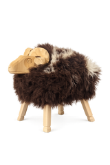 A sheep art with a dark brown and cream fur body and light natural wood legs and head, shown on a plain white background.