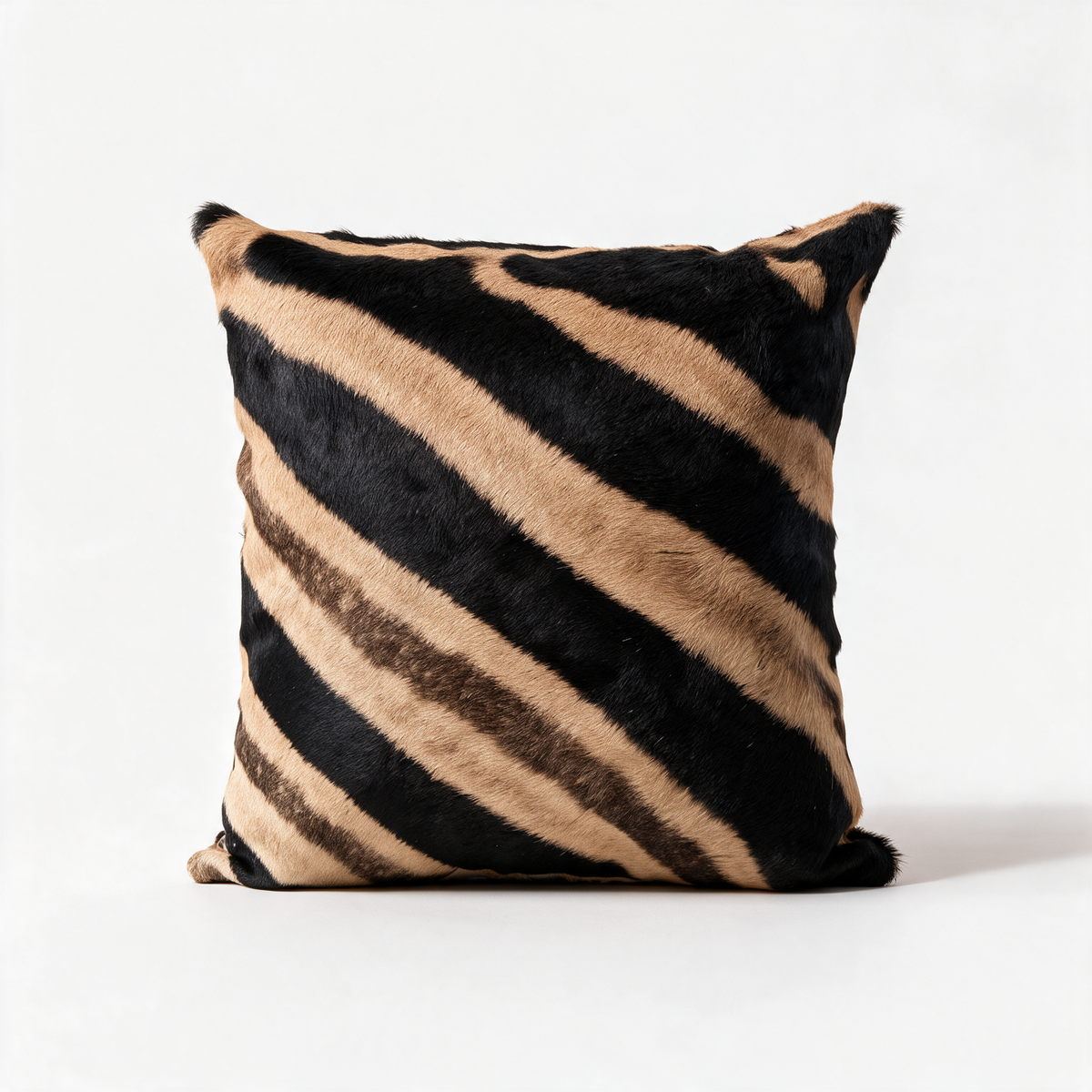 African zebra hide square pillow with natural black and tan stripes