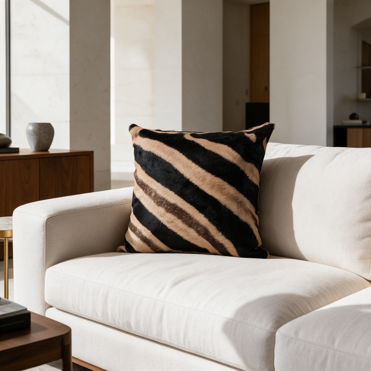 Genuine zebra hide pillow styled on an ivory sofa in a contemporary living room