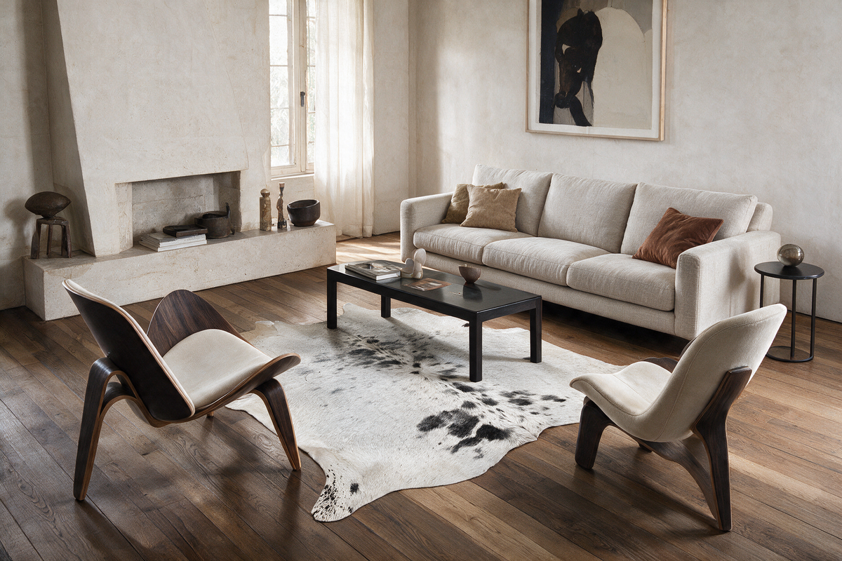 Natural cowhide rug sized beneath a coffee table in a contemporary living room