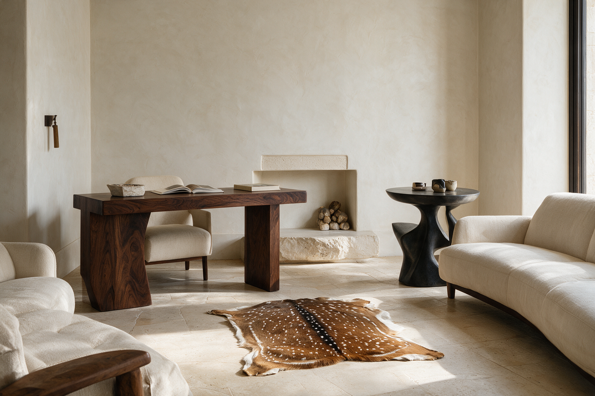 Natural Axis deer hide with white spots styled in a contemporary neutral interior with walnut furniture.