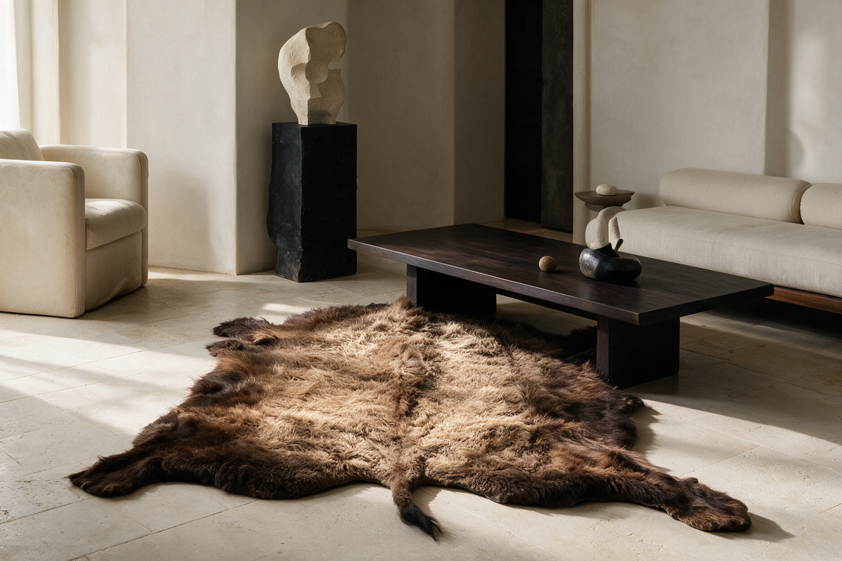 Large American bison hide rug styled in a contemporary neutral interior with dark walnut furniture.
